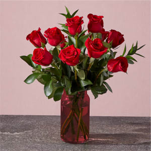 Red Rose Bouquet with Red Vase Flower Bouquet