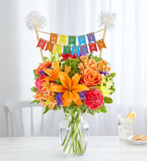 Vibrant Floral Medley with Happy Birthday Banner Flower Bouquet