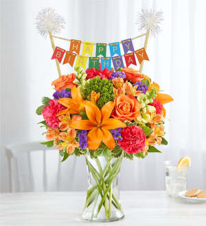 Vibrant Floral Medley with Happy Birthday Banner Flower Bouquet