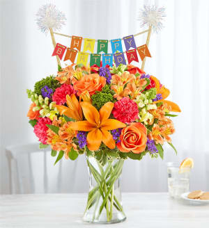 Vibrant Floral Medley with Happy Birthday Banner Flower Bouquet