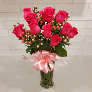 Dozen Dark Pink Roses, Vased (long-stem) Flower Bouquet