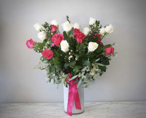 2 Dozen Hot Pink and White Roses Flower Bouquet