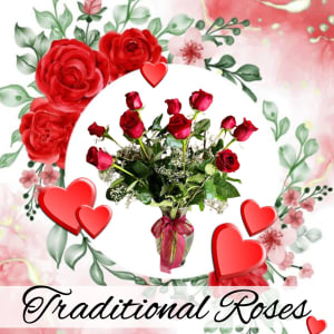 One Dozen Valentine Roses - Traditional Flower Bouquet