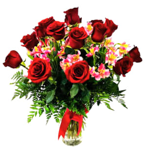 Premium 18 Long Stem, Red Roses With Alstroemeria R-224 Flower Bouquet