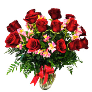 Premium 24 Long Stem, Red Roses With Alstroemeria R-223 Flower Bouquet