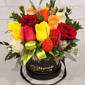 Dozen Mixed Rose Hat Box Arrangement Flower Bouquet