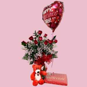 Grand Rose Bundle - ROSES - BEAR - CHOCOLATES - MYLAR Flower Bouquet