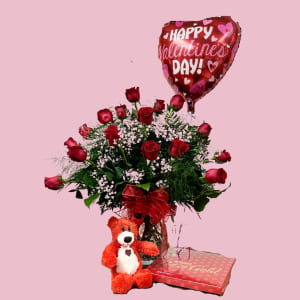 Grand Rose Bundle - ROSES - BEAR - CHOCOLATES - MYLAR Flower Bouquet