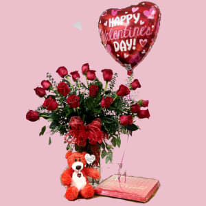 Grand Rose Bundle - ROSES - BEAR - CHOCOLATES - MYLAR Flower Bouquet