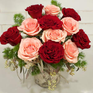 Dozen Red and Pink Roses Vased Flower Bouquet