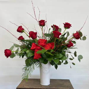 Dozen Red Roses in Ceramic Flower Bouquet