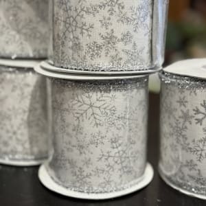 White with Silver Ribbon with Snowflakes 4" x 10yds Flower Bouquet