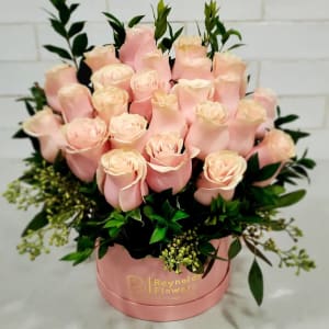 Dozen Pastel Pink Rose Hat Box Arrangement Flower Bouquet