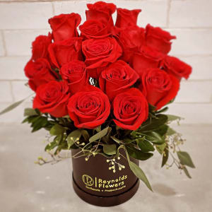 Hat Box with Dozen-and-a-Half Red Roses Flower Bouquet