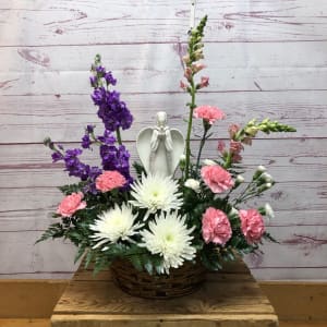 Angel Holding Small Bird Flower Bouquet