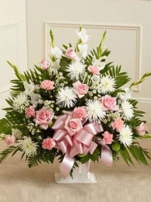 Pink and White Sympathy Basket Flower Bouquet