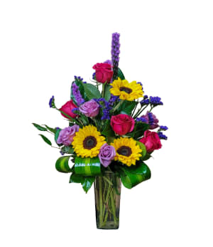 M-7 Arreglo de rosas, statice, liatris y girasoles Flower Bouquet