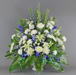 White and Blue Sympathy Basket-FNFSB-03 Flower Bouquet