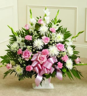 Pink and White Sympathy Basket-FNFSB-10 Flower Bouquet