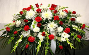 Red and White Casket Spray-FNRW-02 Flower Bouquet