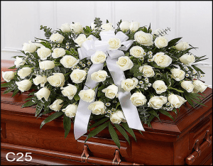 C25 All White Rose Casket Spray Flower Bouquet