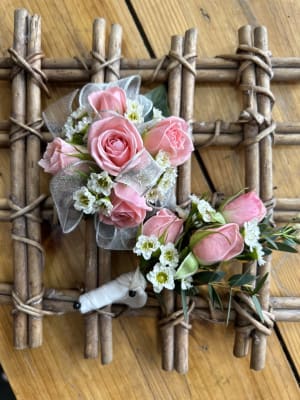 Pink Spray Rose Corsage Boutonniere Set Flower Bouquet