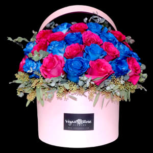 PINK &BLUE ROSES IN WIDE BOX Flower Bouquet