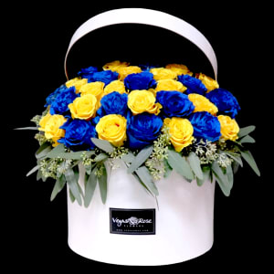 BLUE & YELLOW ROSE IN WIDE BOX Flower Bouquet