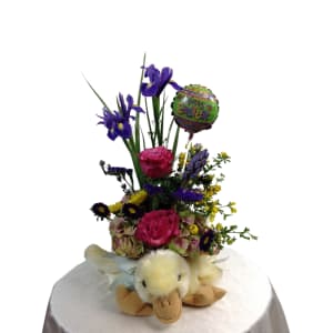Easter Duck Basket with Spring Flowers Flower Bouquet