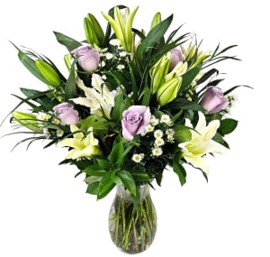 7 Lavender Roses and 5 stems White Lilies Flower Bouquet