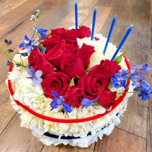 Happy Birthday Cake, Red White & Blue Flower Bouquet