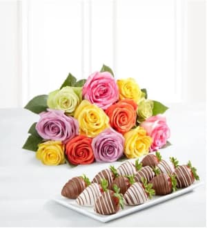 Assorted Roses & Drizzled Strawberries Flower Bouquet