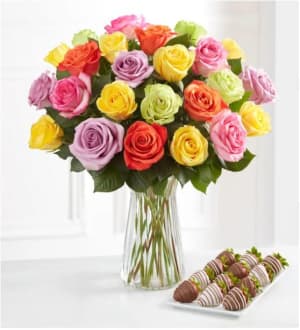 Assorted Roses & Drizzled Strawberries Flower Bouquet