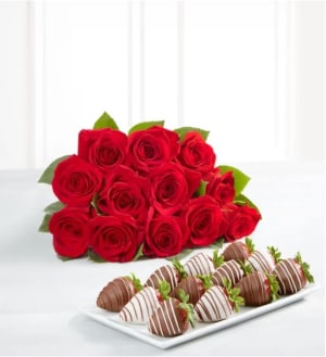 Red Roses and Gourmet Drizzled Strawberries Flower Bouquet