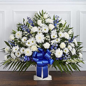 Heartfelt Tribute Floor Basket- Blue & White Flower Bouquet