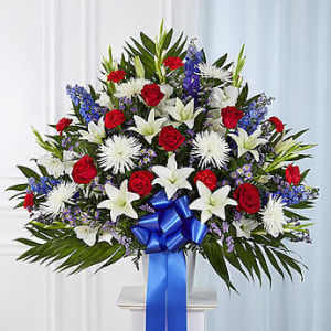 Heartfelt Sympathies Standing Basket- Red, White & Blue Flower Bouquet