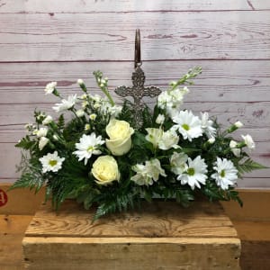 Blue Metal Filigree Cross on Hanging Stand Flower Bouquet