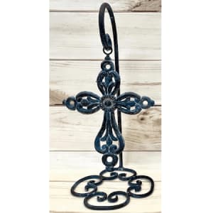 Blue Metal Filigree Cross on Hanging Stand Flower Arrangement Blue Metal Filigree Cross on Hanging Stand Flower Bouquet