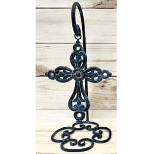 Blue Metal Filigree Cross on Hanging Stand Flower Bouquet