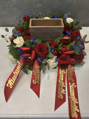RED AND WHITE FUNERAL URN SURROUND Flower Bouquet