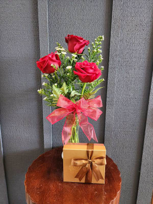 Three Rose Bud Vase and Truffles Flower Bouquet