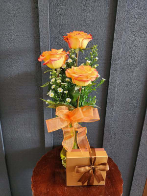 Three Rose Bud Vase and Truffles Flower Bouquet