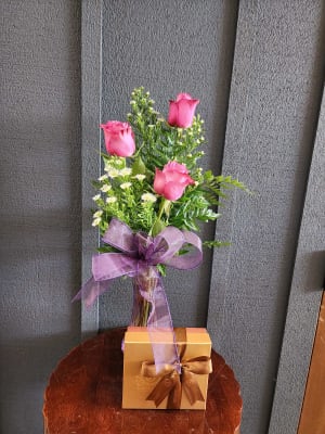 Three Rose Bud Vase and Truffles Flower Bouquet