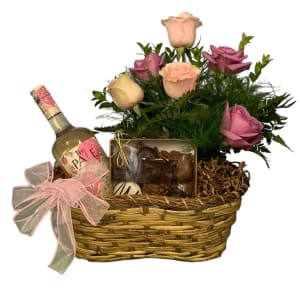 Utlimate Wine Basket Flower Bouquet