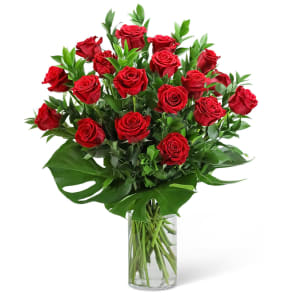 Red Roses with Modern Foliage (18) Flower Bouquet