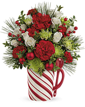 Send a Hug Candy Cane Mug Flower Arrangement Send a Hug Candy Cane Mug Flower Bouquet