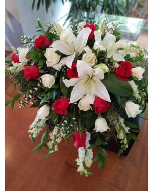 Red Roses and White Lily Casket Spray Flower Bouquet