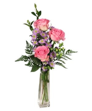 Three's A Charm Pink Rose Bud Vase Flower Bouquet