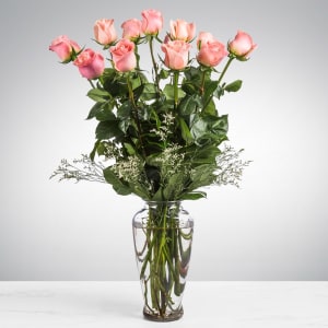 Dozen Long Stemmed Pink Roses Flower Bouquet