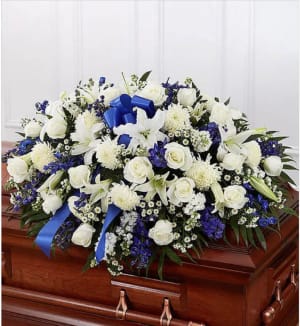 Blue & White Mixed Half Casket Spray Flower Bouquet